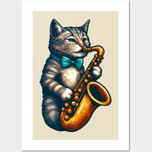 tabby cat playing saxophone Posters and Art